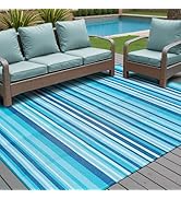 WondRg Outdoor Plastic Straw Rug Waterproof Patio 5x8 Blue Teal Stripe Mat for Porch Camping RV B...