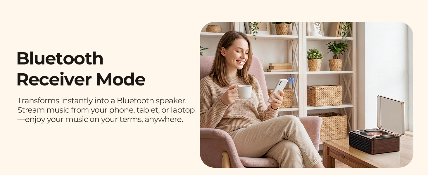 Text reads 'Bluetooth Receiver Mode'. Woman in home setting using handheld device; image shows wireless audio receiver application with speaker visible.