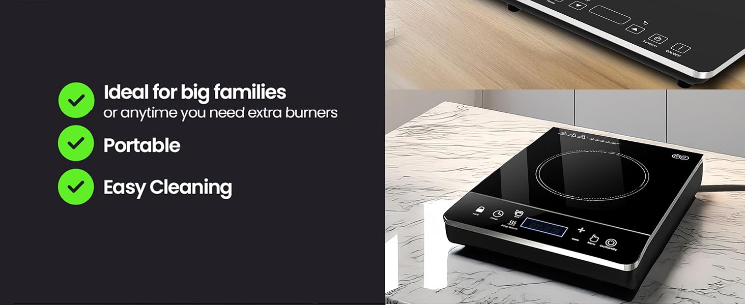 Portable induction cooktop on marble countertop, ideal for families and easy cleaning