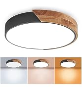 Wood LED Flush Mount Ceiling Light, 3CCT 3000K-6500K Modern Black Close to Ceiling Lighting Fixtu...