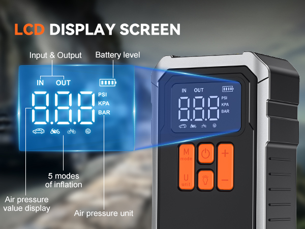 tire inflator with LCD display screen
