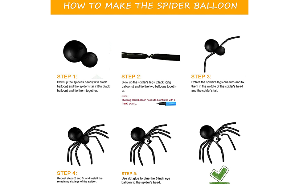 Step-by-step instructions for creating a spider balloon. Shows black balloons, ribbon, and marker used in the process.