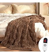 Heated Throw Blanket 50"x60", Electric Blanket with Bamboo Pattern, Luxury Faux Rabbit Fur&amp;Soft F...