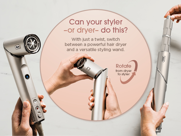 With just a twist, switch between a powerful hair dryer and a versatile styling wand.