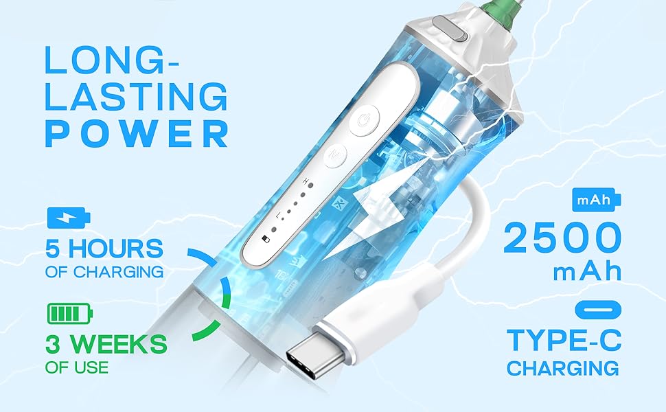 TBPO cordless water flosser with 2500mAh rechargeable battery and Type-C fast charging for 3