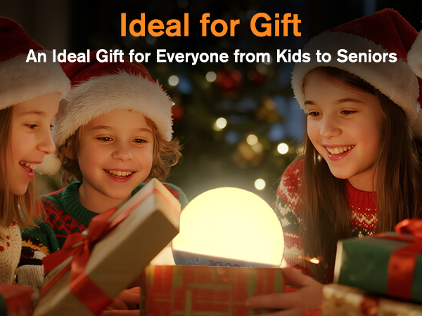 Text reads 'Ideal for Gift' and 'An Ideal Gift for Everyone from Kids to Seniors.' Images show people enjoying an illuminated product in a warm setting.
