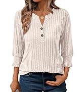 AUTOMET Womens 3/4 Length Puff Sleeve Henley V Neck Tops Fall Dressy Caual Shirt Lightweight Swea...