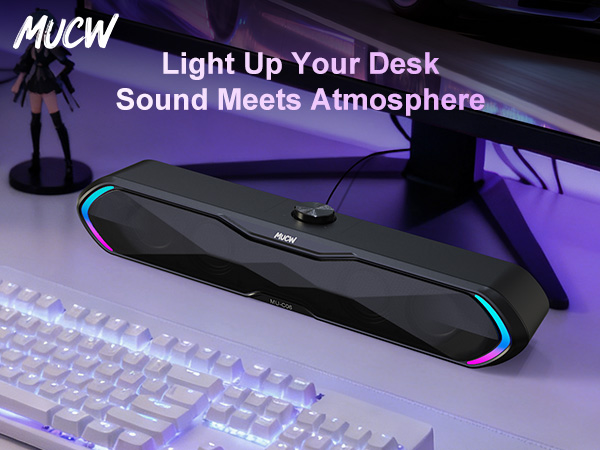 soundbar speaker + RGB lighting + desktop setup