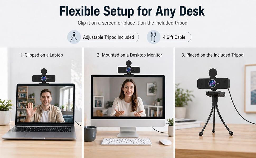 4K webcam with adjustable tripod and 4.6 ft USB cable for flexible laptop and desktop setup
