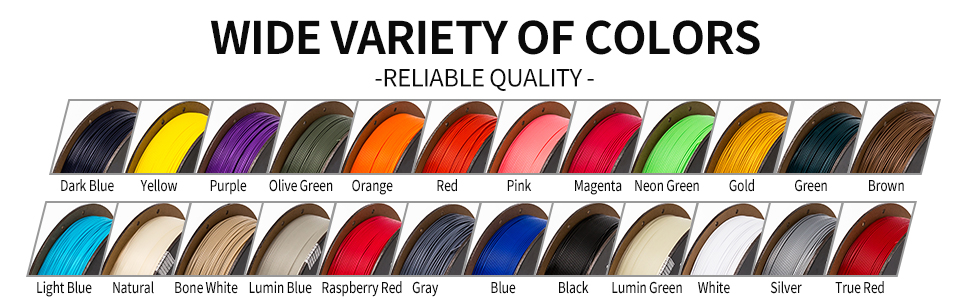PLA + pro PLA+ filament colors black white silver green blue yellow orange red natural grey gray