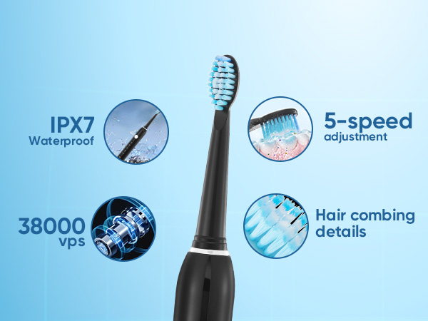 Text reads 'IPX7', '38000 vps', '5-speed adjustment', 'Hair combing details'. Electric toothbrush features diagram showing multiple cleaning functions.
