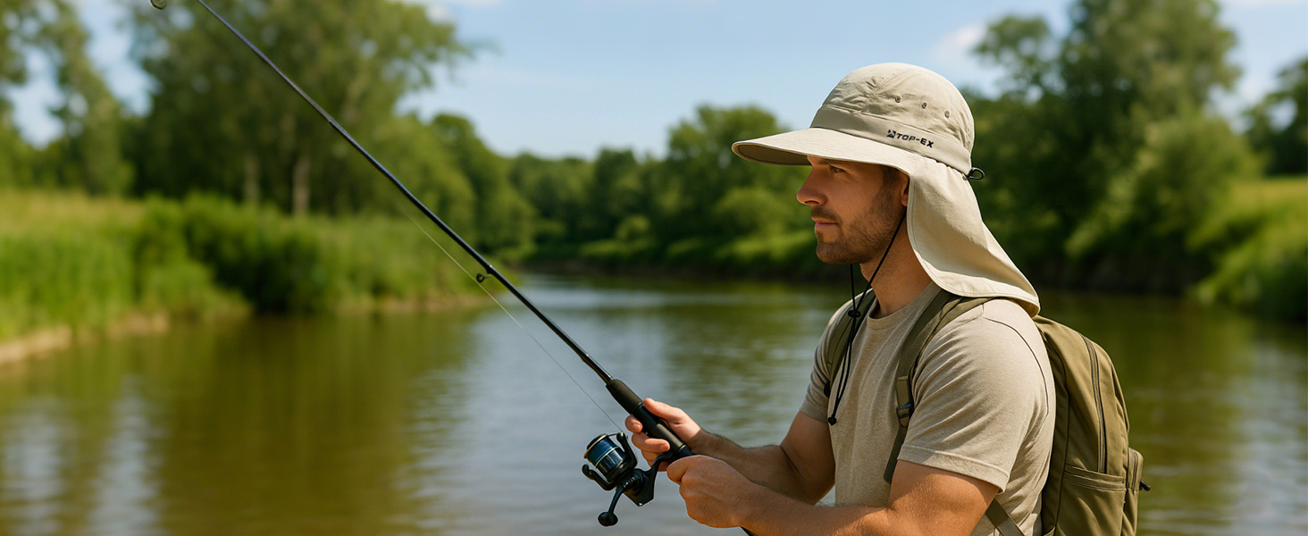 Man fishing by river wearing TOP-EX sun hat with neck flap, lightweight breathable outdoor design.