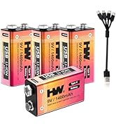 HW 9 Volt Batteries 4 Pack, 1400mAh Rechargeable Lithium Battery 9V with USB C Fast Charging Cabl...
