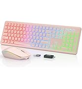 Wireless Keyboard and Mouse Combo - RGB Backlit, Rechargeable & Light Up Letters, Full-Size, Ergo...