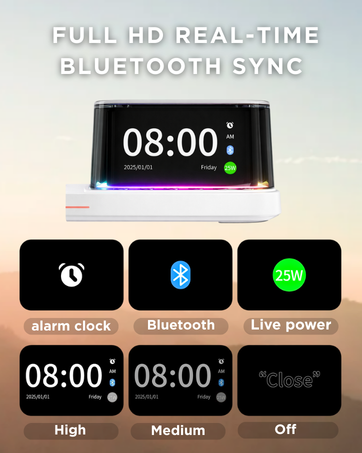 hd alarm clock with bluetooth sync and wireless charging display