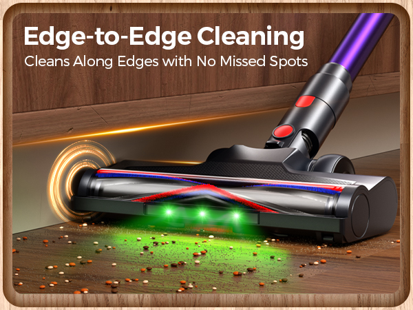 LED headlights and 180° swivel brush conquer corners, edges and tight spaces easily.