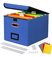 DECOSIS File Organizer Box with 5 Hanging Folders &amp; Plastic Slide, Collapsible Linen File Box wit...