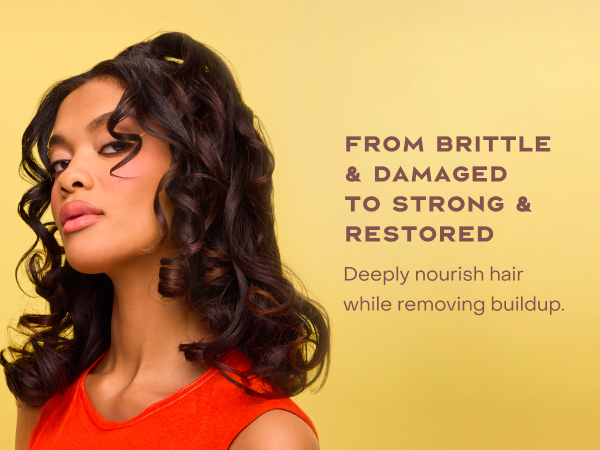 Image of a black woman with straight hair next to text about strong, restored hair.