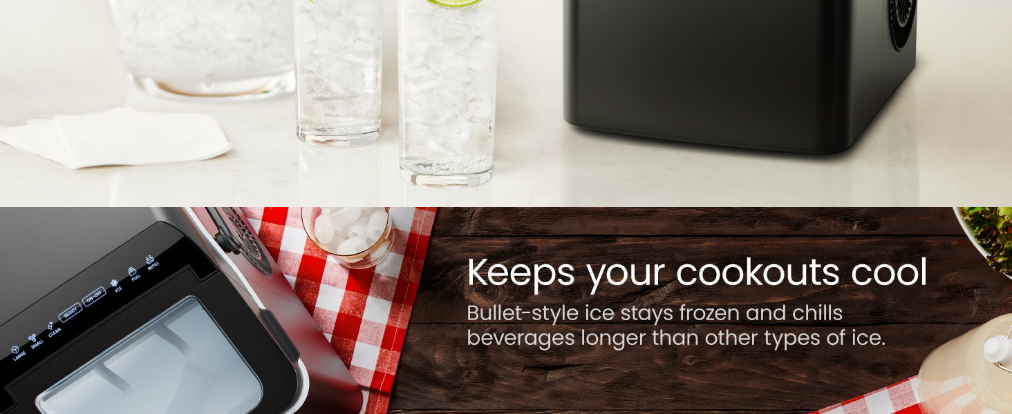 Bullet-style ice stays frozen and chills beverages longer than other types of ice