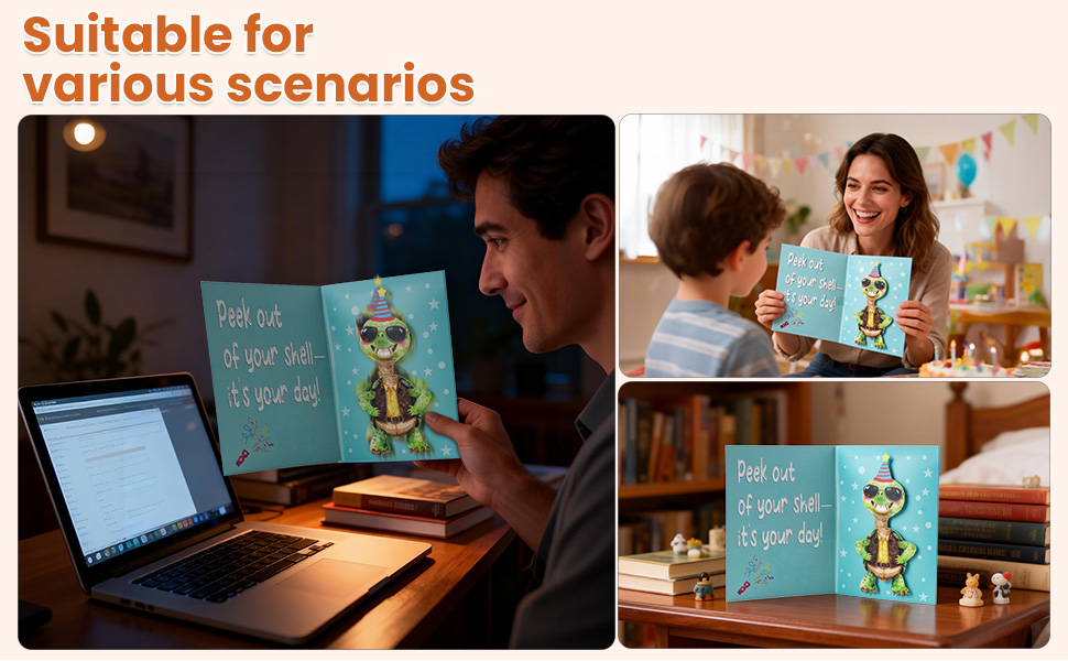 A funny musical turtle birthday card displayed in three scenes