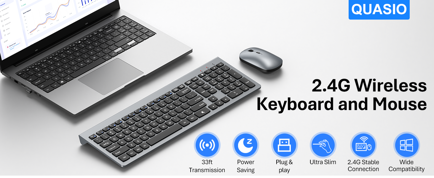 Wireless Keyboard and Mouse Combo, Ultra-Slim Full Size Silent Ergonomic Keyboard Mouse