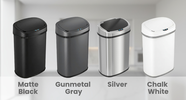iTouchless sensor trash can shown in black, gray, silver, and white