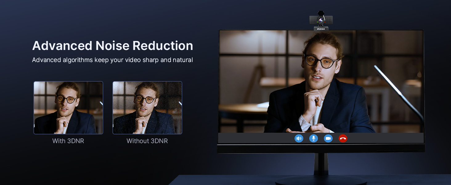 A man is attending a company video meeting using a noise-canceling microphone.