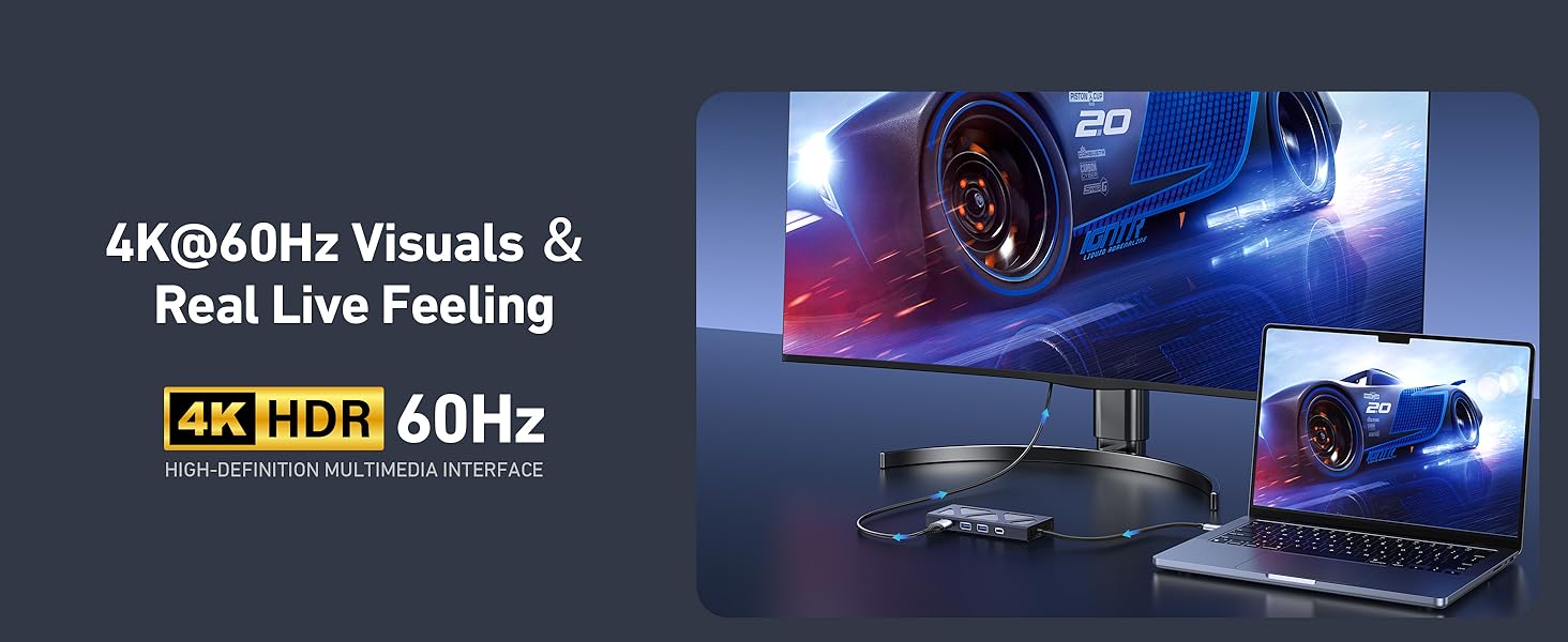 Text reads '4K@60Hz Visuals &amp; Real Live Feeling'. Gaming-related promotional banner showing multiple dark scenes with blue lighting and gaming peripherals.