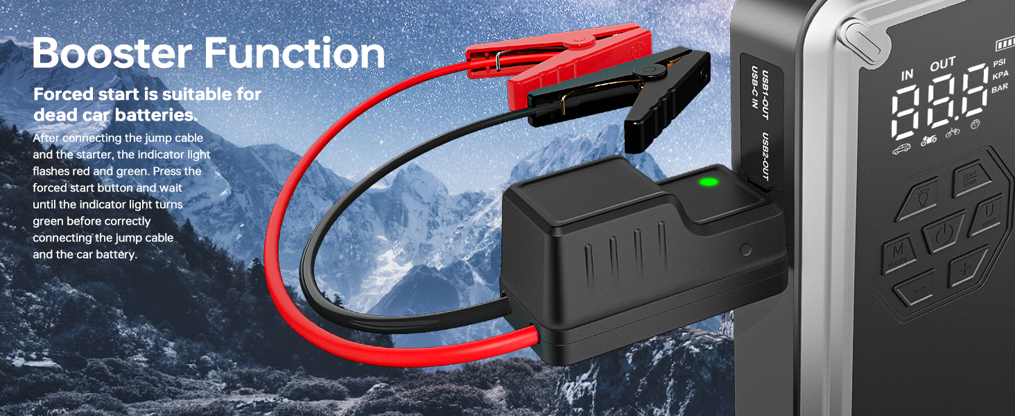 Portable car battery jump starter with digital display, showing booster function. Red and black jumper cables connected to device. Text indicates suitability for dead car batteries.