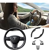 Flewfun Black Carbon Fiber Steering Wheel Cover &amp; ABS Steering Wheel Wrap Kit for Tesla Model 3 2...