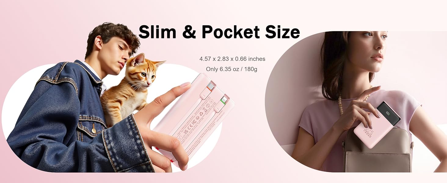 Slim Portable Charger, Pocket Size, Weighing 6.35 oz/180g, measuring 4.57 x 2.83 x 0.66 inches