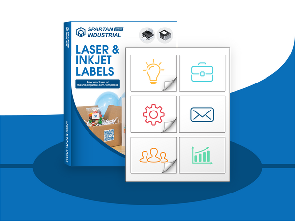 A box of our laser and inkjet labels with a sheet displaying a colored icon on each sticker.