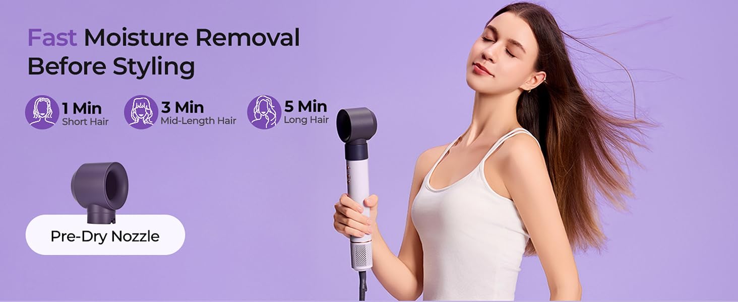 Fast Moisture Removal Before Styling. 1 Min Shot hair, 3 Min Mid-Length Hair, 5 Min Long Hair