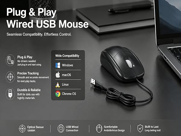 USB Wired Office Mouse with Extra Long Cable