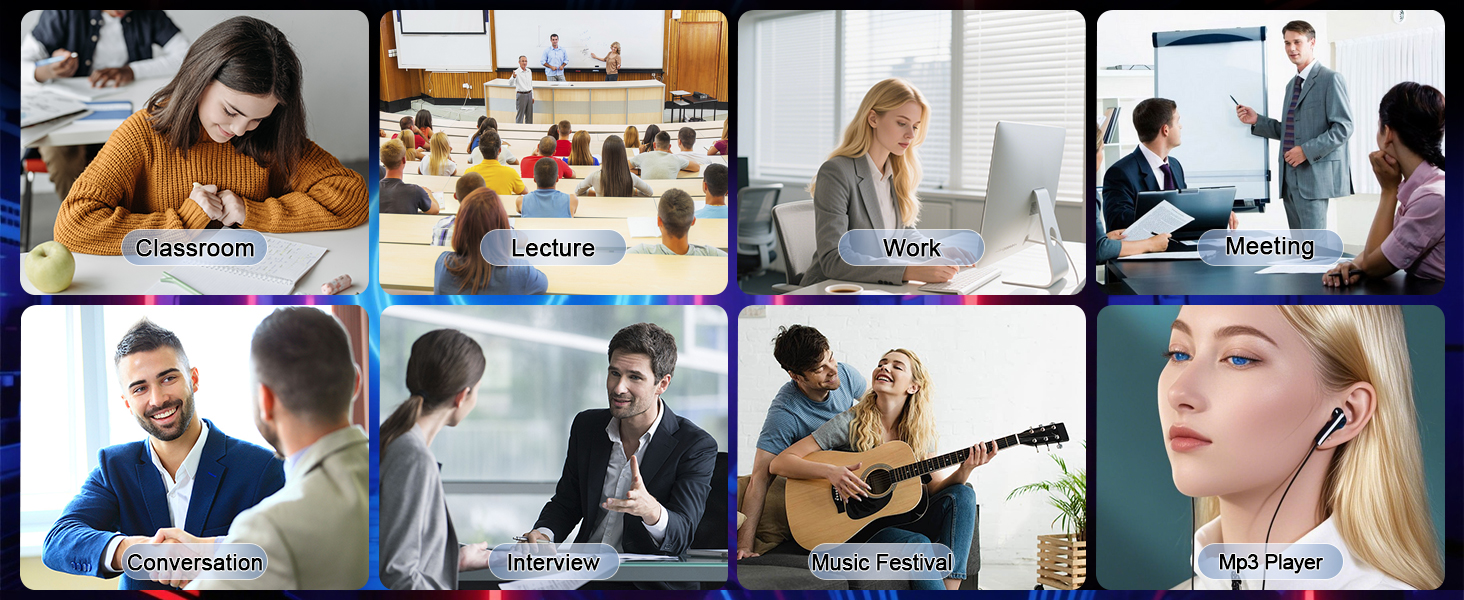 Composite of eight images showing different scenarios: classroom, lecture,meeting, interview.