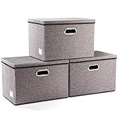 PRANDOM Large Collapsible Storage Bins with Lids [3-Pack] Linen Fabric Foldable Storage Boxes Org...