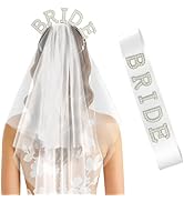 Pearl Bride Sash &amp; Headband with Veil for Bachelorette Party, 2Pcs Pearl Veil and Sash Set for Wo...