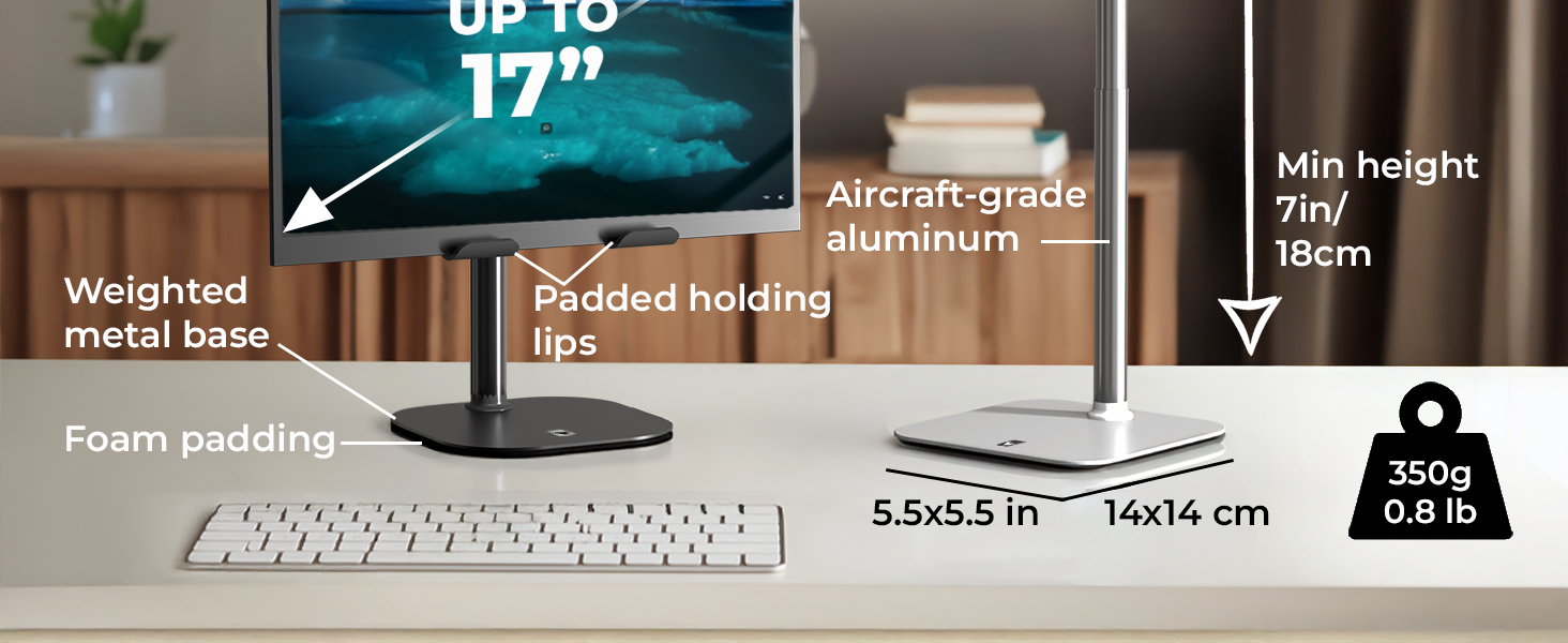 Adjustable iPad stand with charging base, tablet holder for desk and stable iPad stand for kitchen