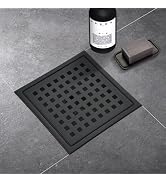 kuaisailsk 6 Inch Square Shower Drain with Flange,Matte Black,Quadrato Pattern Grate Removable,Fo...