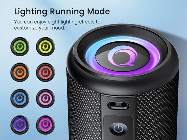 Text reads 'Lighting Running Mode' and 'You can enjoy eight lighting effects to customize your mood.' Black cylindrical speaker with purple LED ring display and eight color lighting option buttons displayed above.