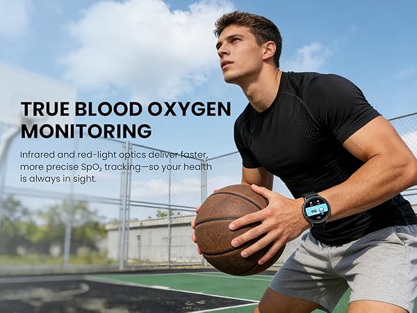 Text reads 'TRUE BLOOD OXYGEN MONITORING'. Athletic scene showing person holding sports ball against outdoor background.