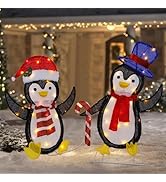 WATERGLIDE Set of 2 Lighted Christmas Tinsel Penguins, Pre-Lit 2D Stacked Penguin with Incandesce...