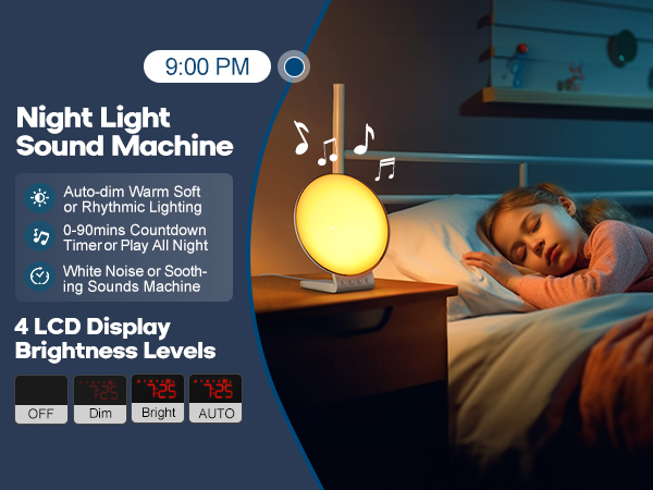 Sunrise alarm clock with wireless charging white noise sleep sound machine nursery night light