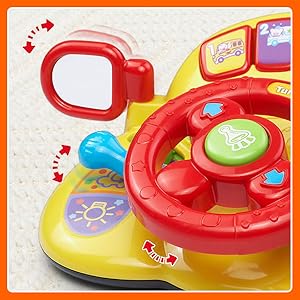 Close up of rotating mirror, arrow light and steering wheel.