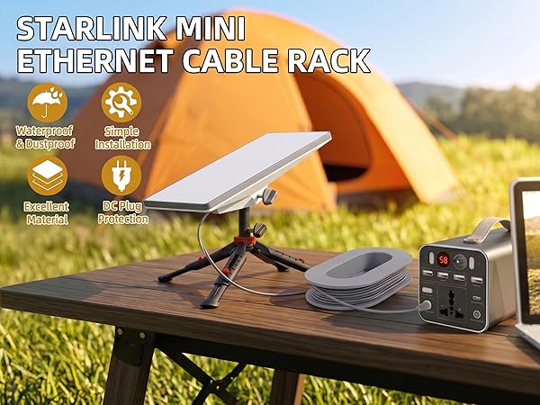 Starlink Mini ethernet cable rack organizer for outdoor camping setup
