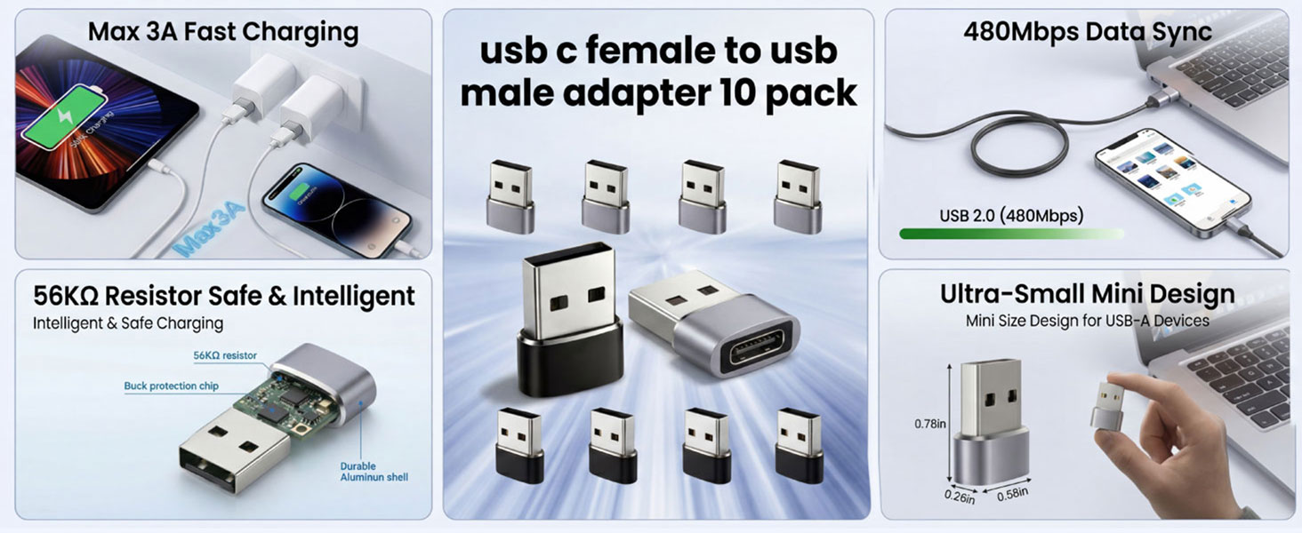 USB to USB C Adapter 10 Pack