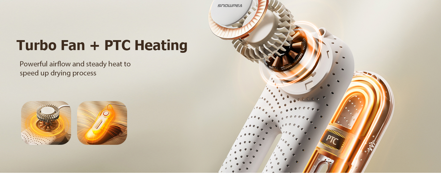 Text reads 'Turbo Fan + PTC Heating'. Product image shows metallic gold-colored handheld device with heating coil visible. Two small product images show bread-like items.