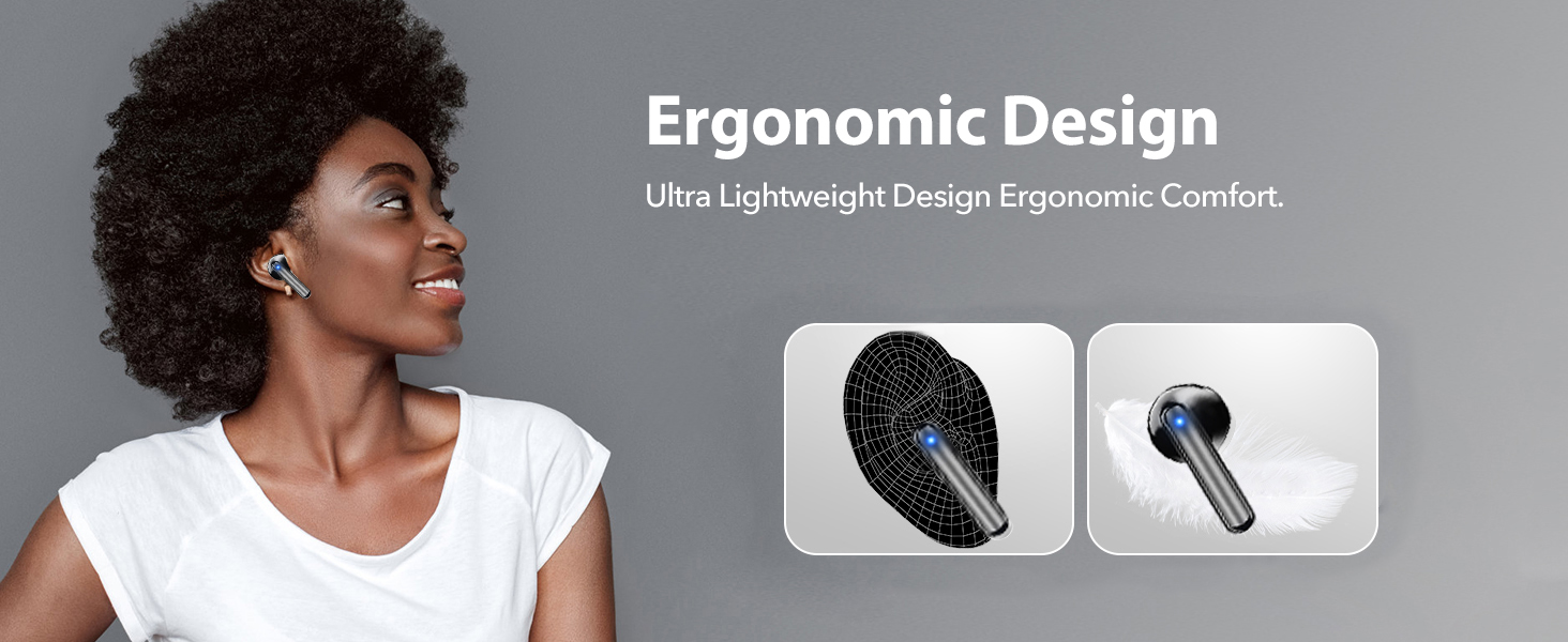 Text reads 'Ergonomic Design'. Two product images showing black wireless earbuds from different angles against white background