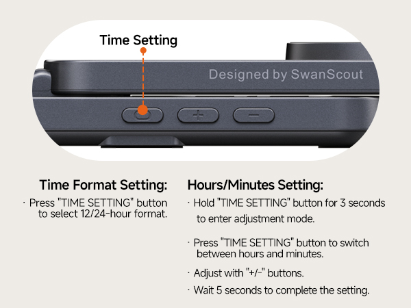 Gray electronic device with time setting button and instructions for adjusting hours/minutes. Features 12/24-hour format selection and adjustment mode accessed by holding button for 3 seconds.