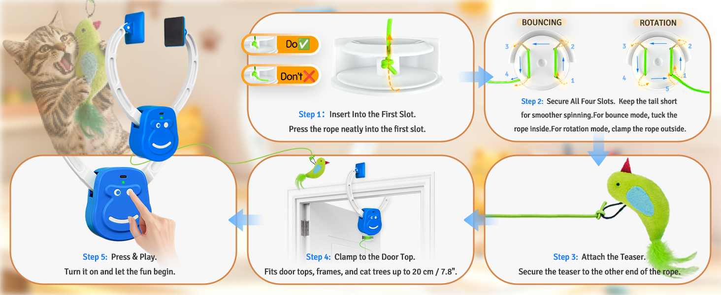 Door frame cat toy setup for indoor cats with bounce and rotation modes